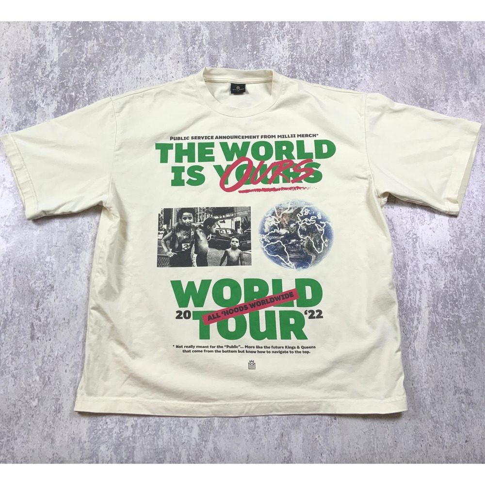 Milli Merch T-Shirt Mens Medium Beige The World Is Ours Oversized Cropped